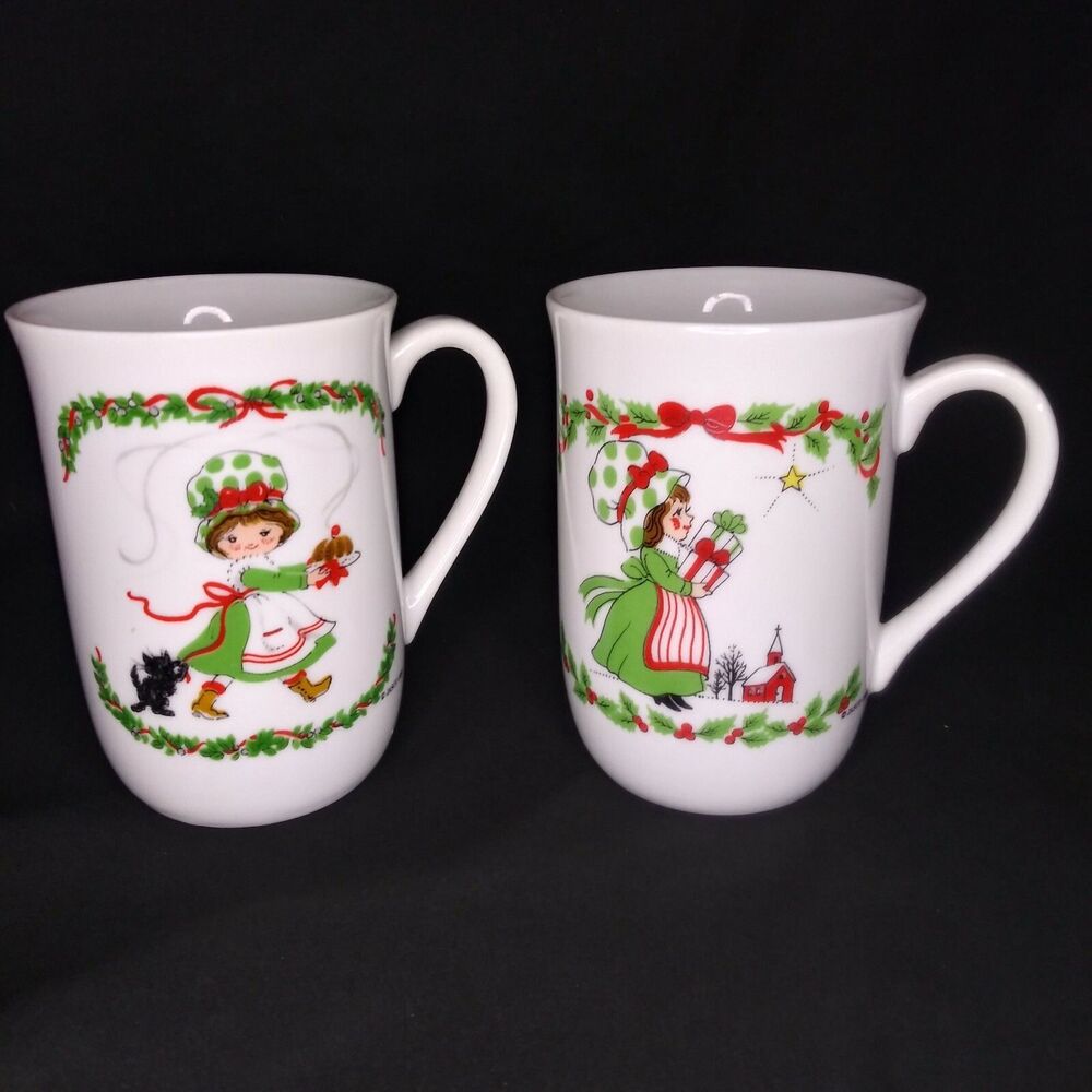 (2) Vintage Christmas Jasco 1980 Coffee Cups Set of 2 Holiday Mugs Bonnet Girl